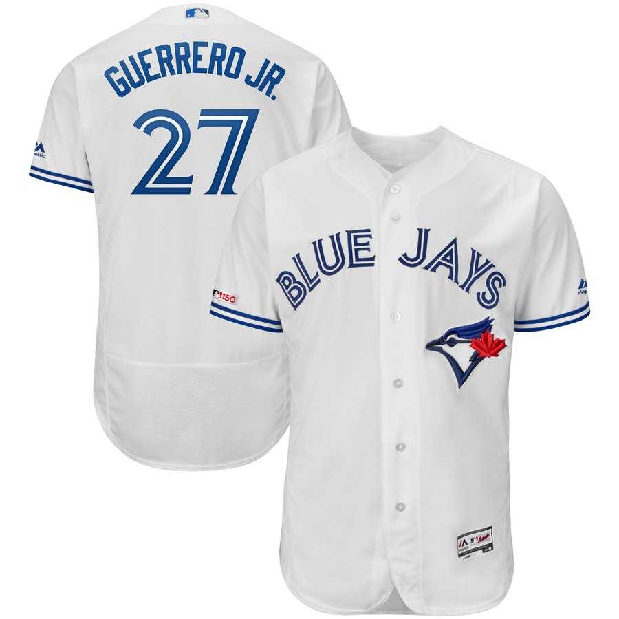 Blue Jays 27 Vladimir Guerrero Jr. White 150th Patch Flexbase Jersey,We sell and wholesale Blue Jays 27 Vladimir Guerrero Jr. White 150th Patch Flexbase Jersey on line form chian!